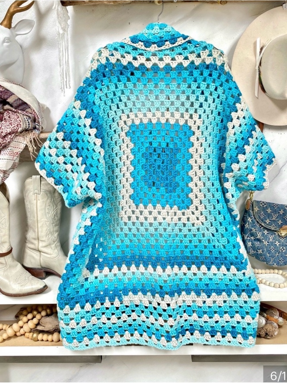 Hand-Crocheted Open Front Cardigan Sweater - Turquoise & Cream - Picture 5 of 10